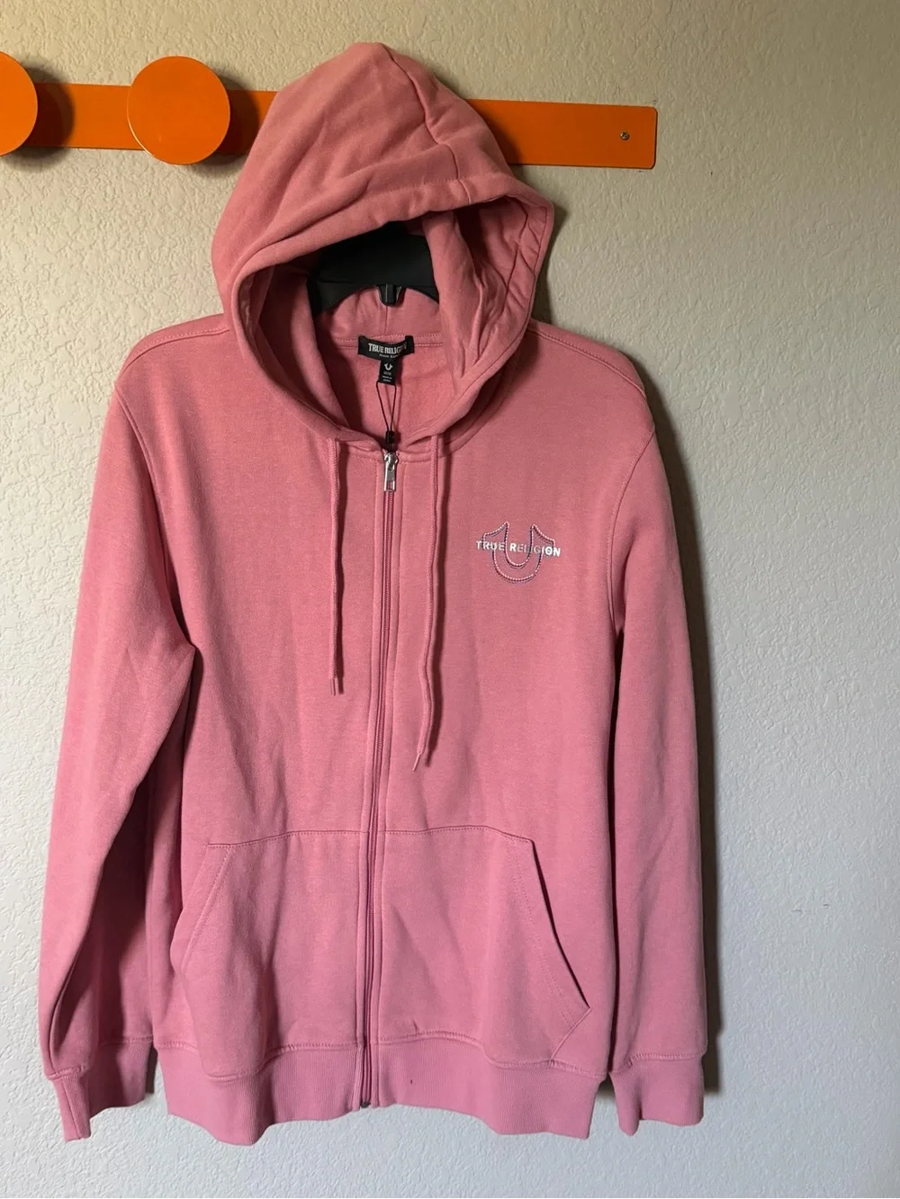 TRUE RELIGION Mens Medium Zip Up Hoodie Pink Brandied Apricot Pockets NWT $118